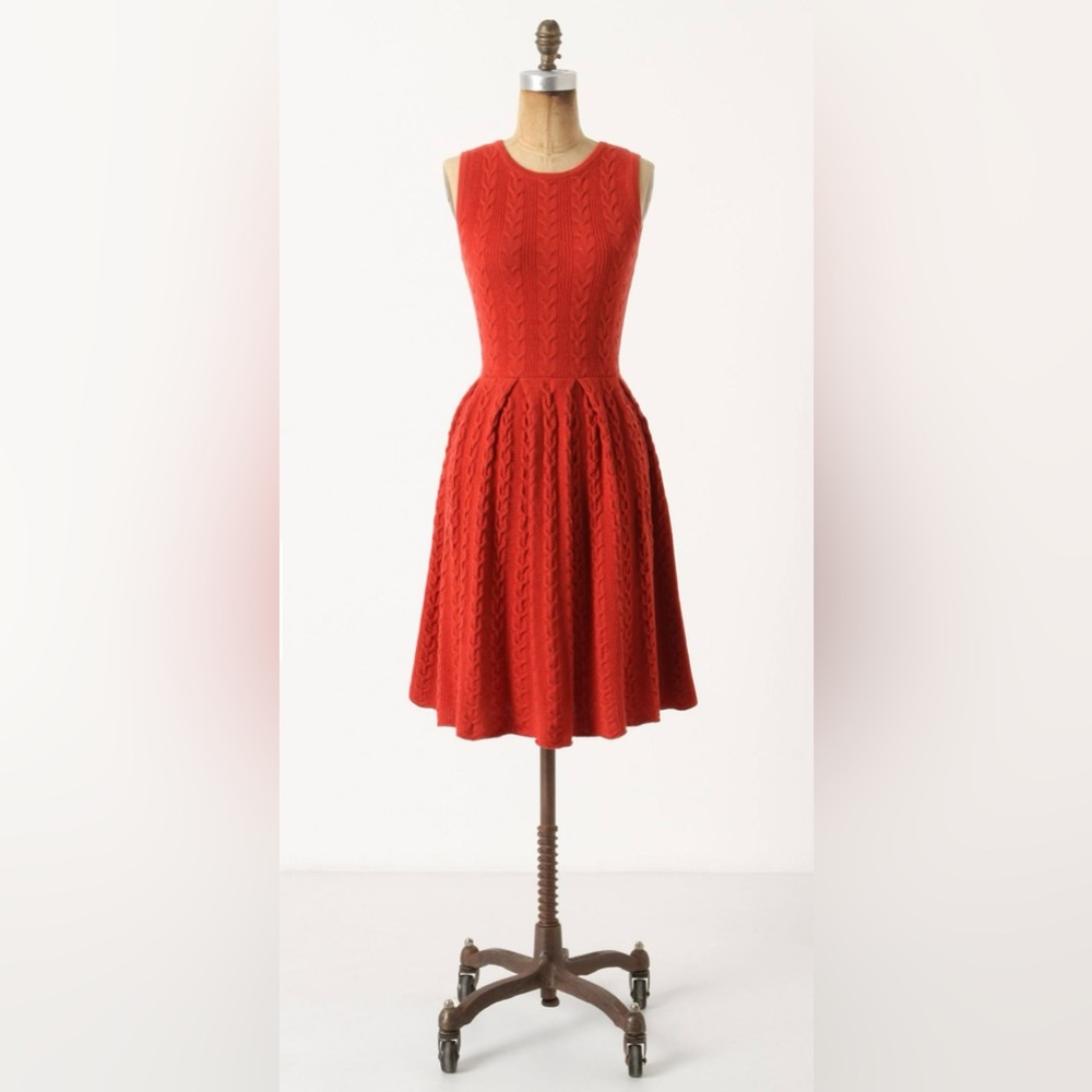 Anthropologie Sweater Red Dress Far Away From Close Small Wool Flared and Cabled